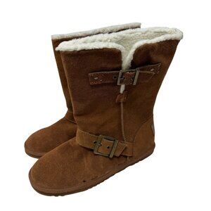 Skechers Womens Suede Mid-Calf Boots Size 7 Faux Fur Lining & Buckle Accents